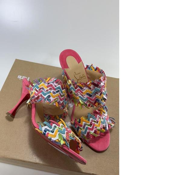 Meroine Pink Rainbow Woven 85mm raffia fringe heels mules D977 - Picture 9 of 11